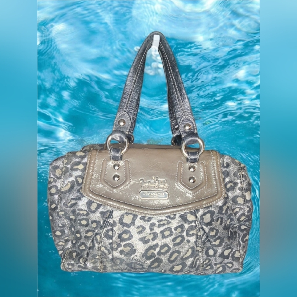 Coach Leopard Print Satchel with Brown Leather Trim and Black Handles